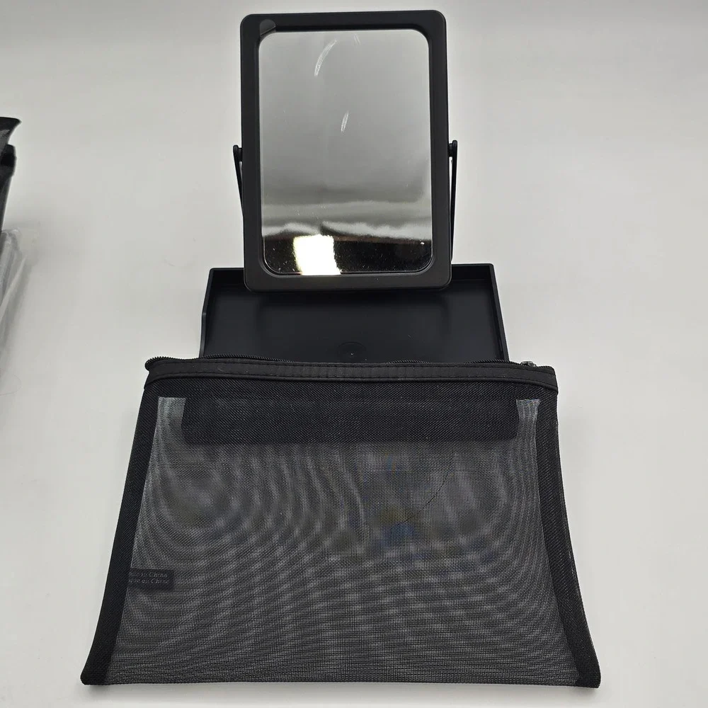 Mary Kay 4 Mesh Zipper Pouches Folding Tabletop Mirror and Makeup Tray Set Black